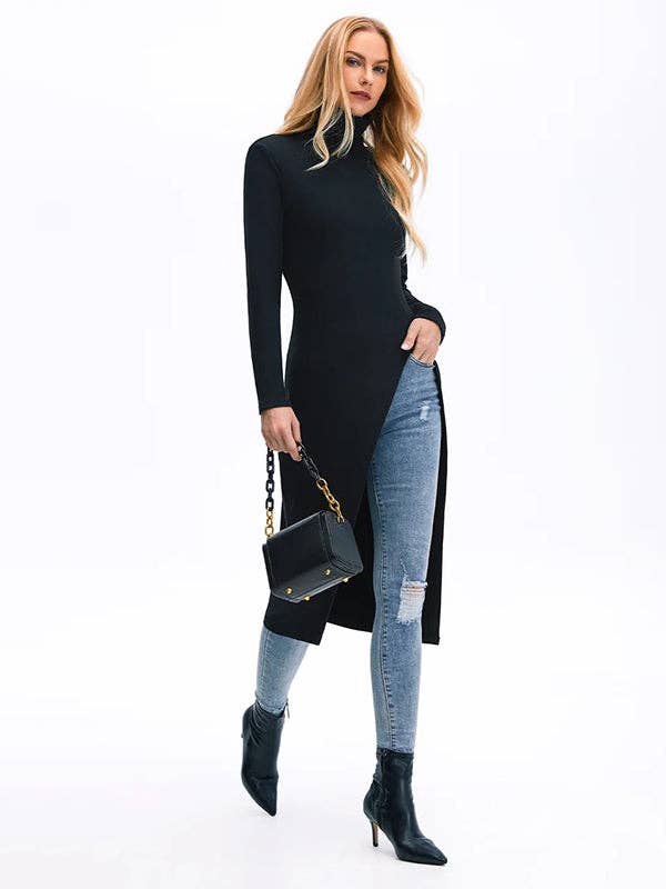 FurDecoration – Großhandel T-Shirt – Damen – Einfarbiges Skinny-Fit-T-Shirt mit hohem Kragen und geteilten Seiten5