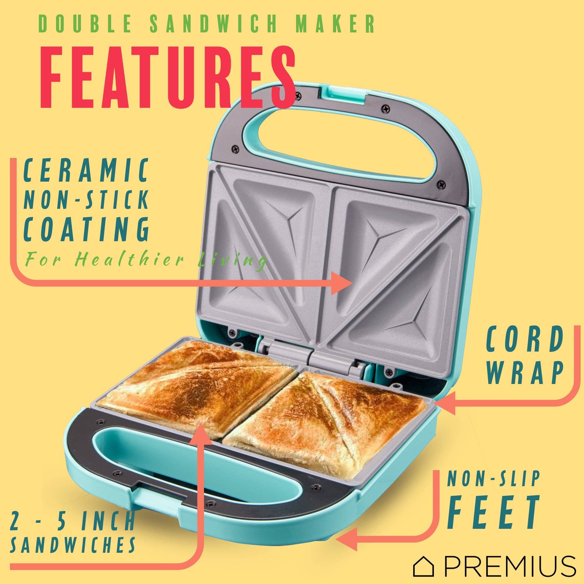 ShopBobbys - Wholesale Kitchen Appliance - PREMIUS Ceramic Non-Stick Double Slice Sandwich Maker, 8.25x4.75 Inch Mold7