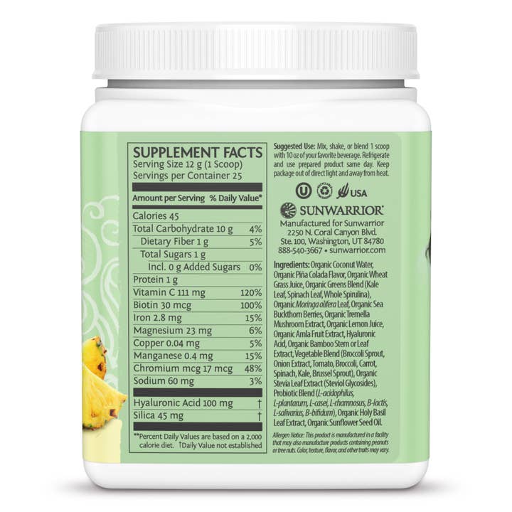 Sunwarrior - Wholesale Protein/Superfood Powder - Beauty Greens Pina Colada Collagen Powder - Vegan, Soy-Free