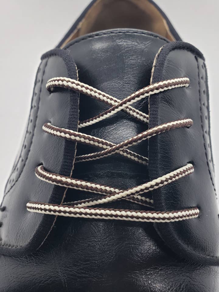 The Shoelace Factory - Wholesale Shoelaces - Men's - Round Striped Dress Shoelaces - Brown and White
