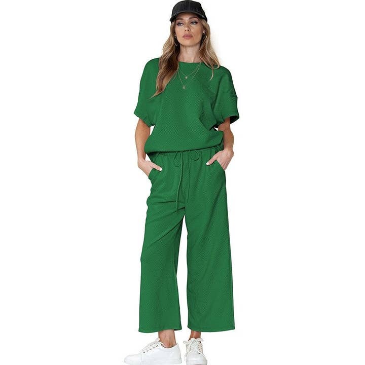 Solid Color Texture Short-Sleeve Top With Drawstring Pants Set for wholesale by Sheer Trend