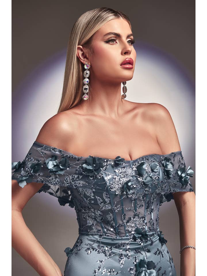 Ladivine by Cinderella Divine - Wholesale Gown - Women's - FLORAL PRINT FITTED OFF THE SHOULDER GOWN