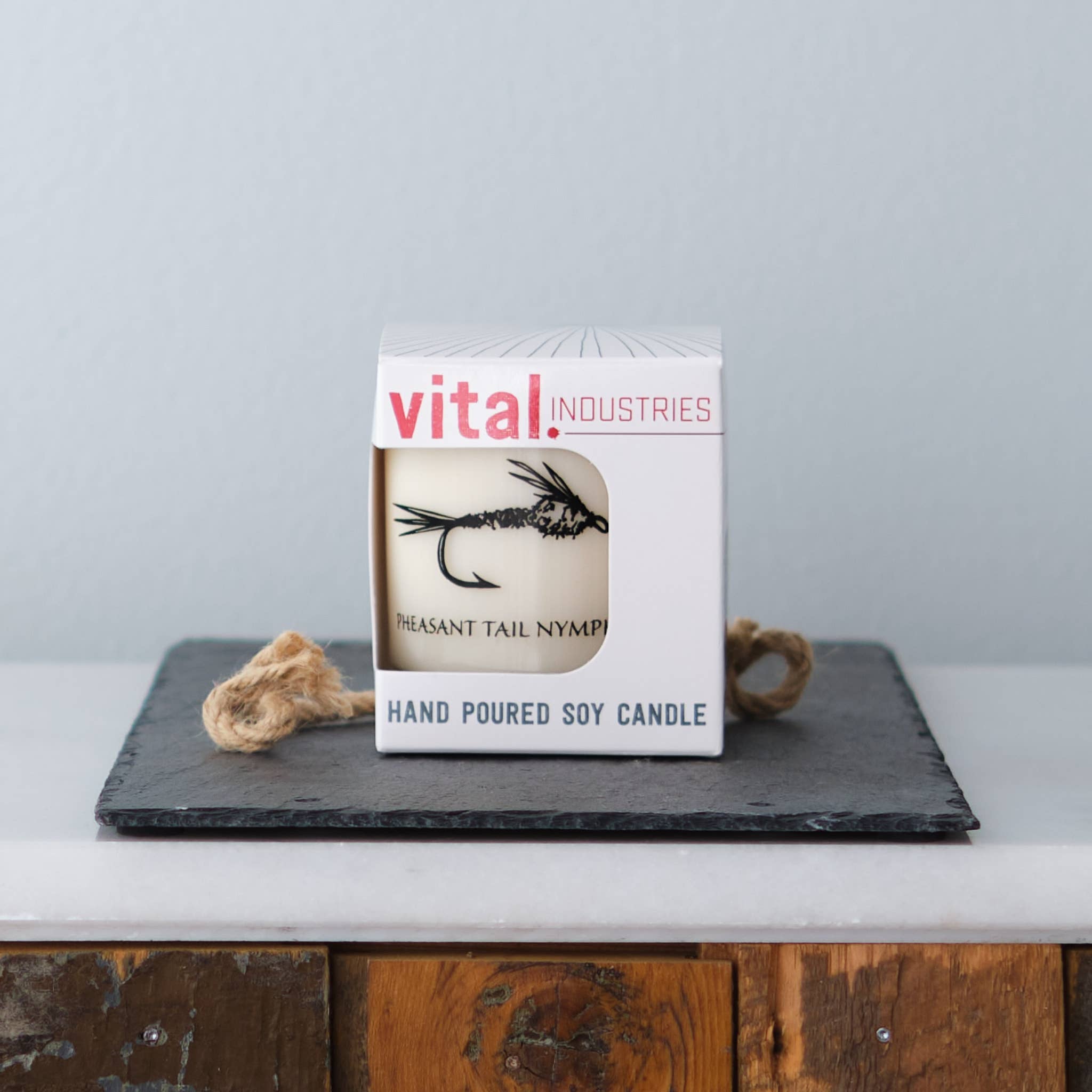 Vital Industries - Wholesale Jar/Filled Candle - Fly Fishing Flies Soy Candle, screen printed rocks glass1