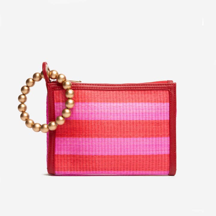 Red & Pink Stripe Woven Straw Wristlet Pouch | Sunshine Luxe for wholesale by Soli & Sun