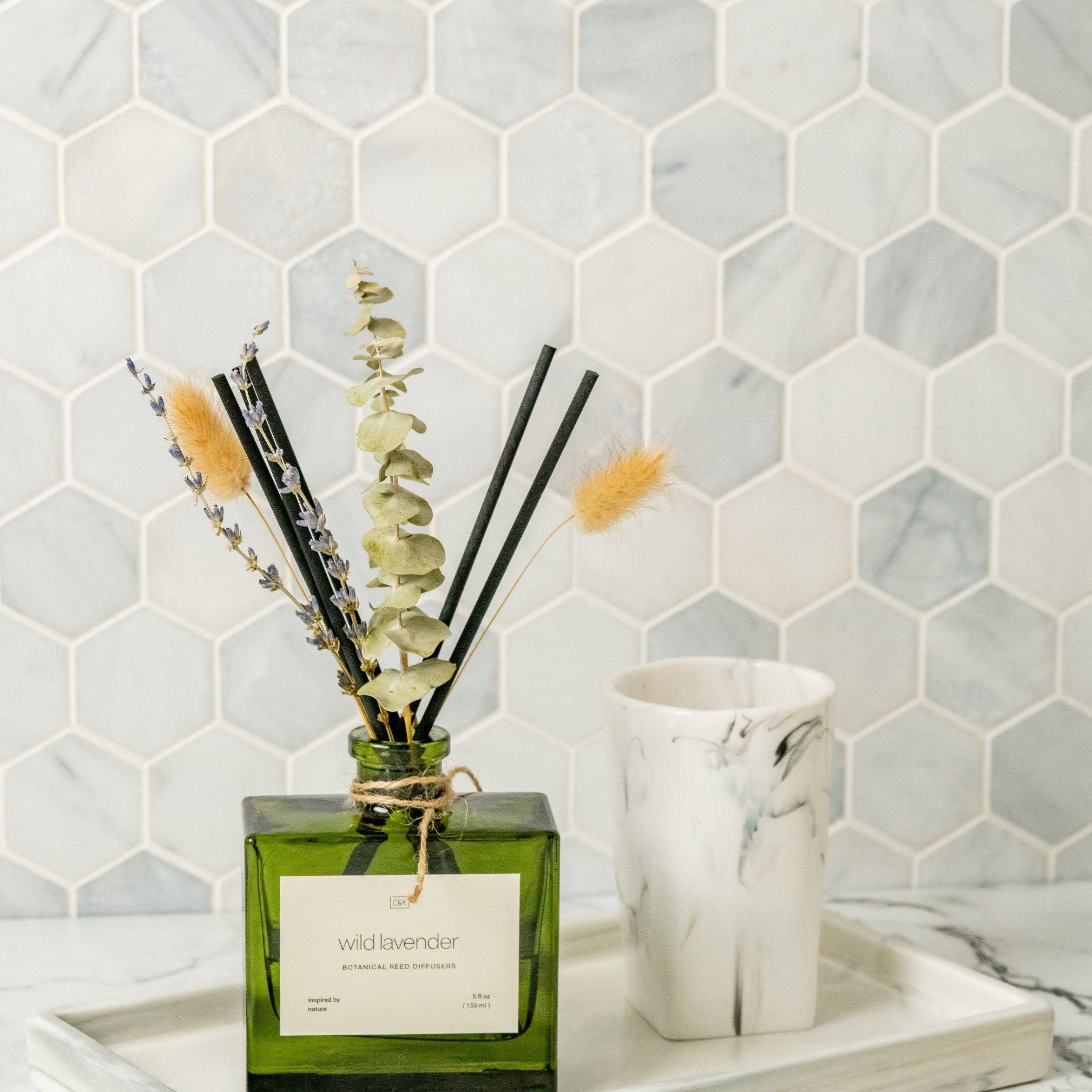 Craft & Kin - Wholesale Reed Diffuser - Green Glass Reed Diffuser with Flowers9