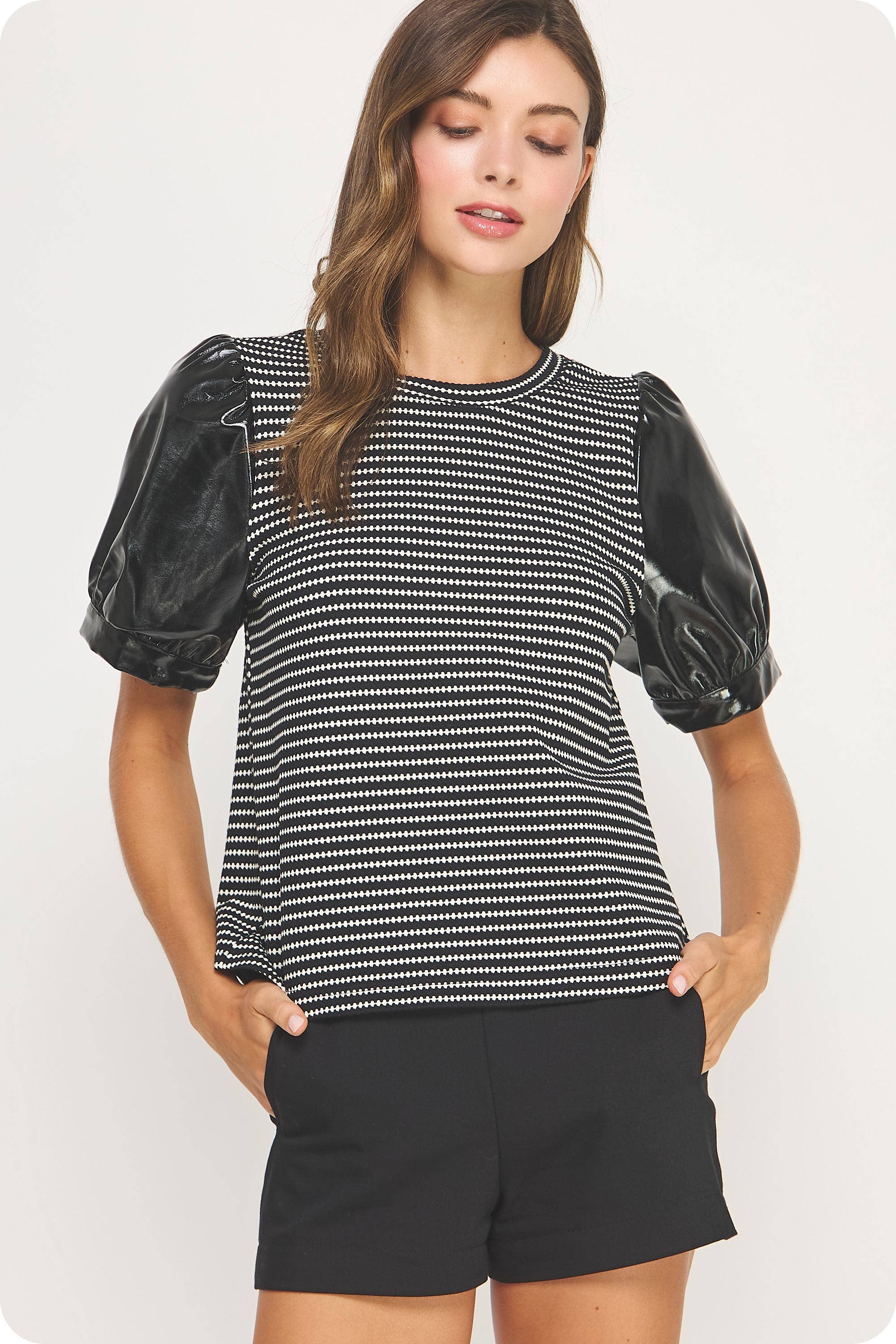 Strut & Bolt - Wholesale Blouse - Women's - Faux Leather Sleeve Texture Knit Tee Top14