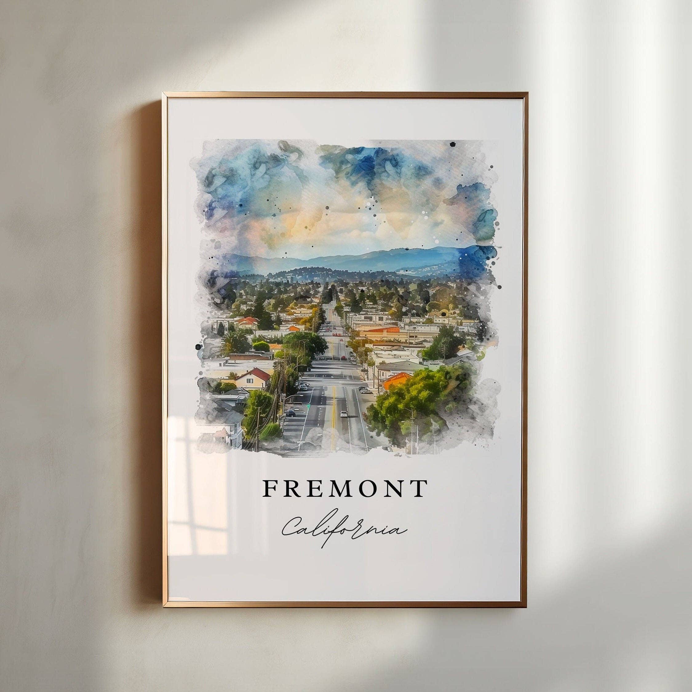 Premium Travel Art - Wholesale Art Print - Fremont CA watercolor wall art - California, Fremont print, Fremont Cali Wedding gift, Birthday present, Custom Text, Perfect Gift