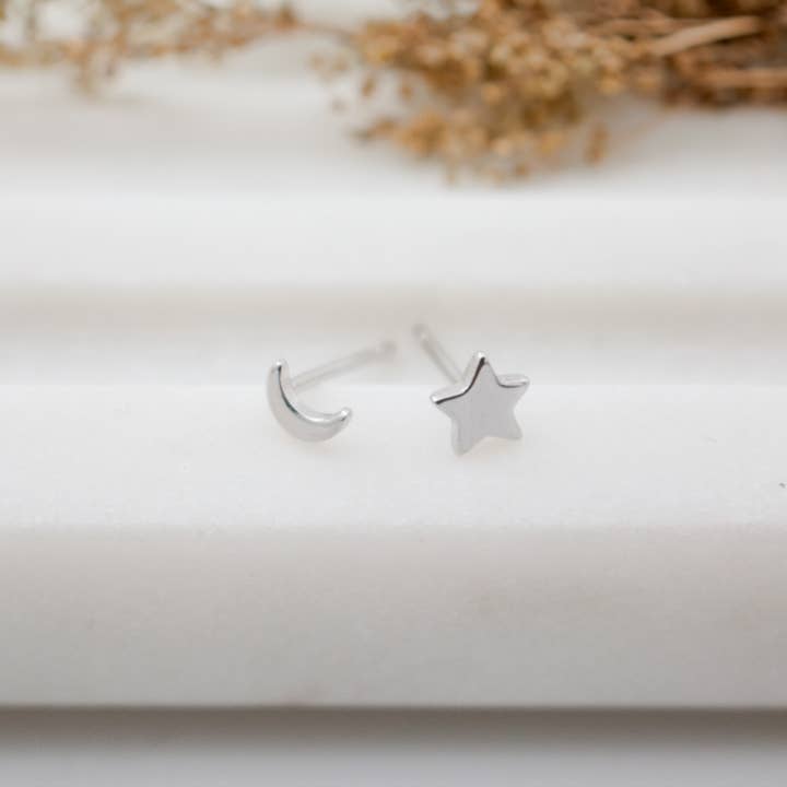 Aurora Jewels - Wholesale Stud/Post Earrings - Plain Petite Mismatched Moon & Star Studs