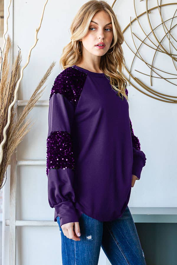 7th Ray - Wholesale Sweatshirt - Women's - [PLUS SIZE] Brushed Sequin Contrast Pullover Top T5341XL17