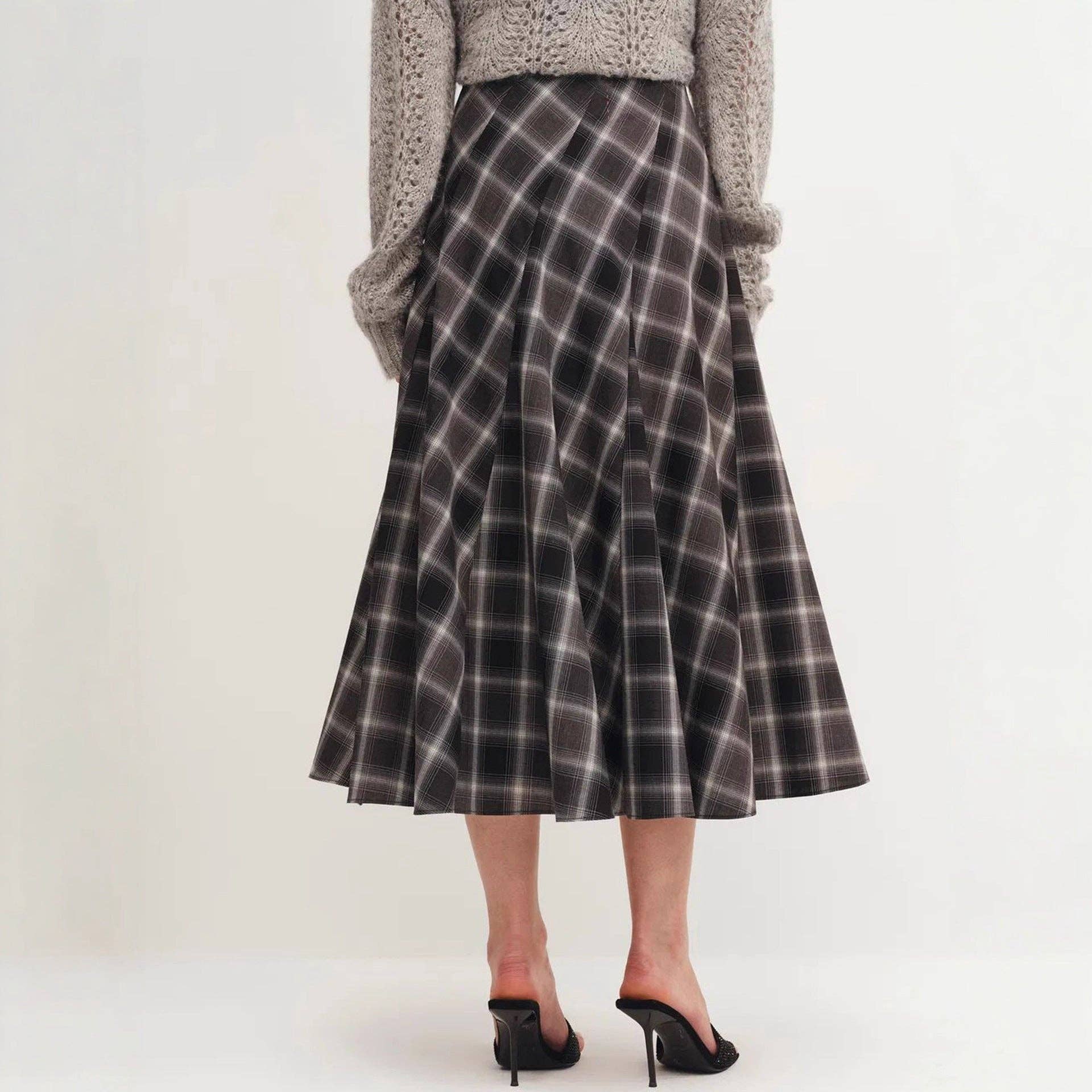 Schwarz Tweed-Karo Vintage A-Linien-Midirock N5A047 für den Großhandel auf Faire1