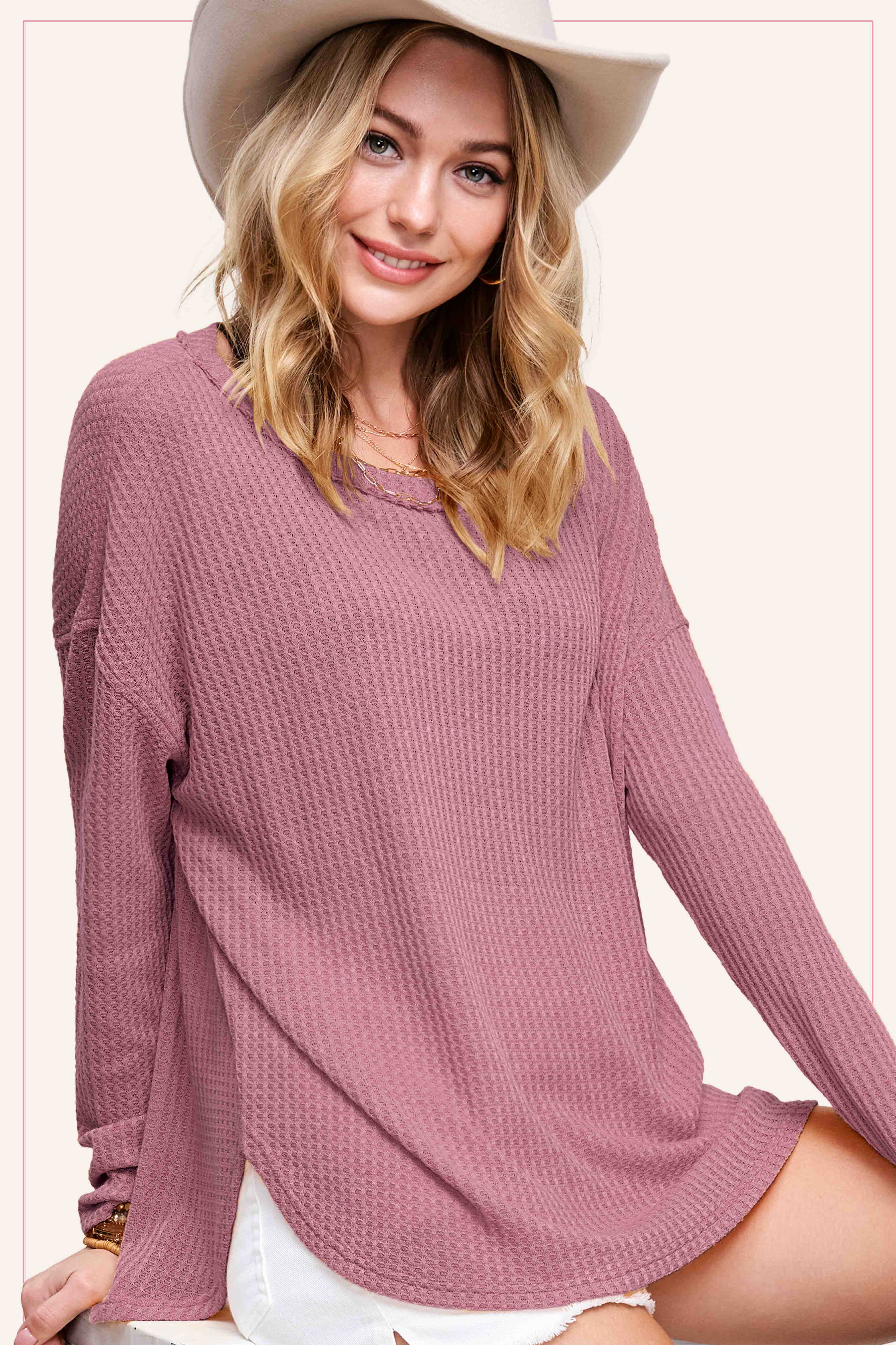 La Miel - Wholesale Tunic - Women's - HAT7566-Brushed Waffle Fabric Loose Fit Long Sleeve Top5
