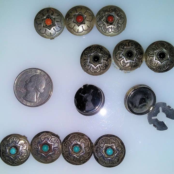Jane A Gordon: Jewelry Art Gifts Inspiration - Wholesale Lapel Pin/Button - Vintage Button Covers, Western Style Cowboy - Turquoise, Onyx, Coral in Sterling Silver