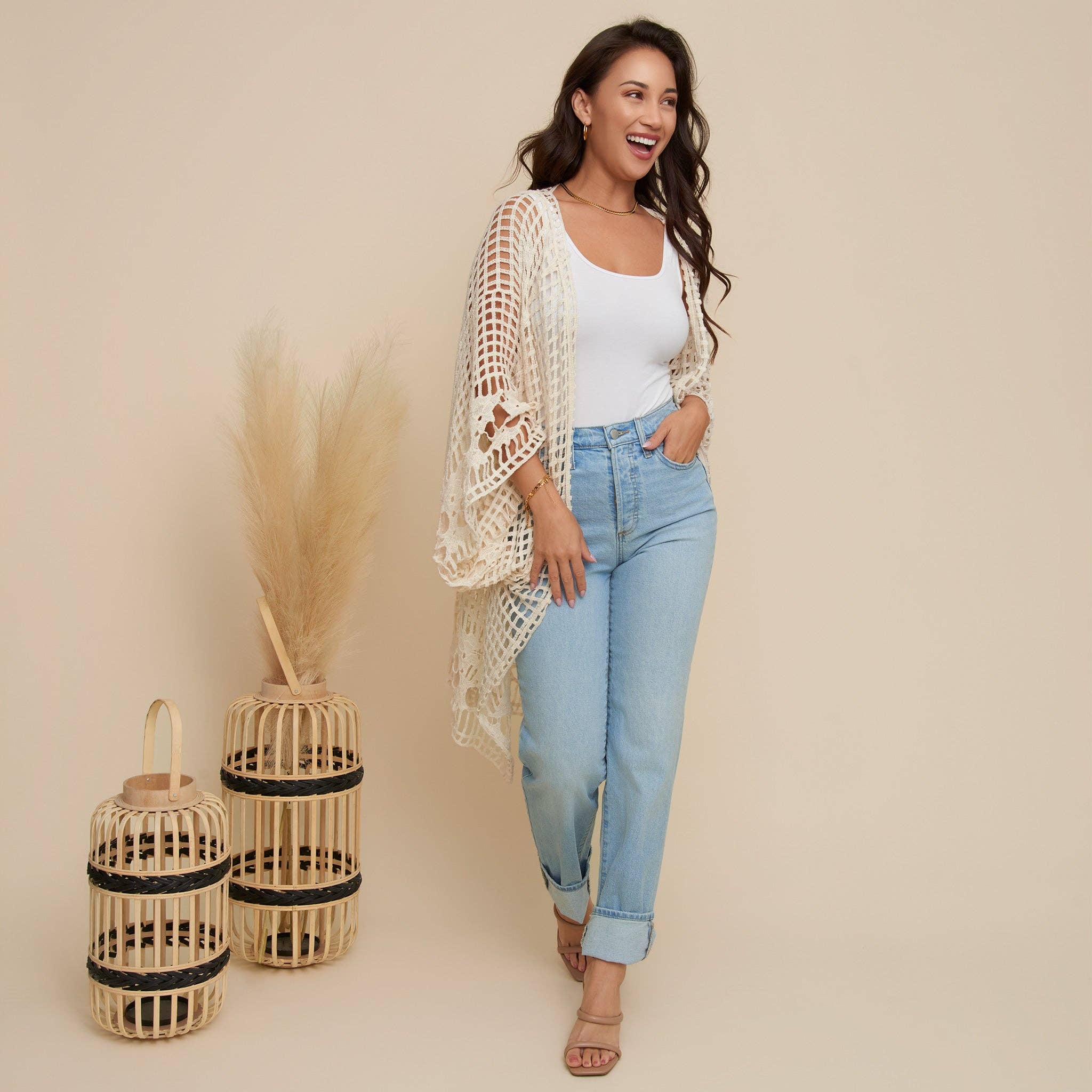 Elsie & Zoey - Venta al por mayor Cárdigan - Mujer - Cárdigan de Punto Iris Abierto Kimono de Crochet de Algodón Cubrir1