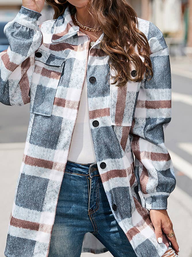 Gray Grey Plaid Print Button Up Shacket XML008 for wholesale on Faire