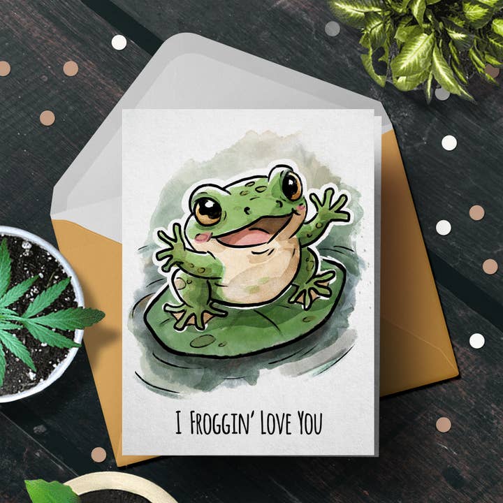 "Froggin' Love You" Funny Meme Birthday Card for Friend for wholesale by Aaron Millard Illustration