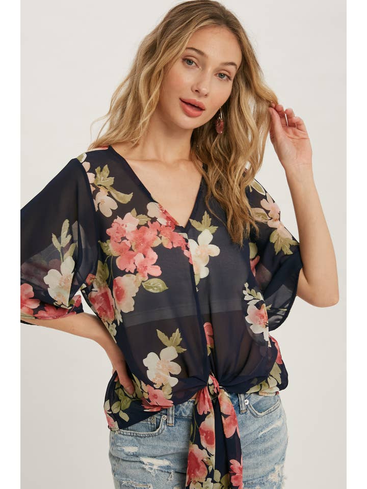 Bluivy - Wholesale Blouse - Women's - FLORAL PRINT CHIFFON KIMONO TOP