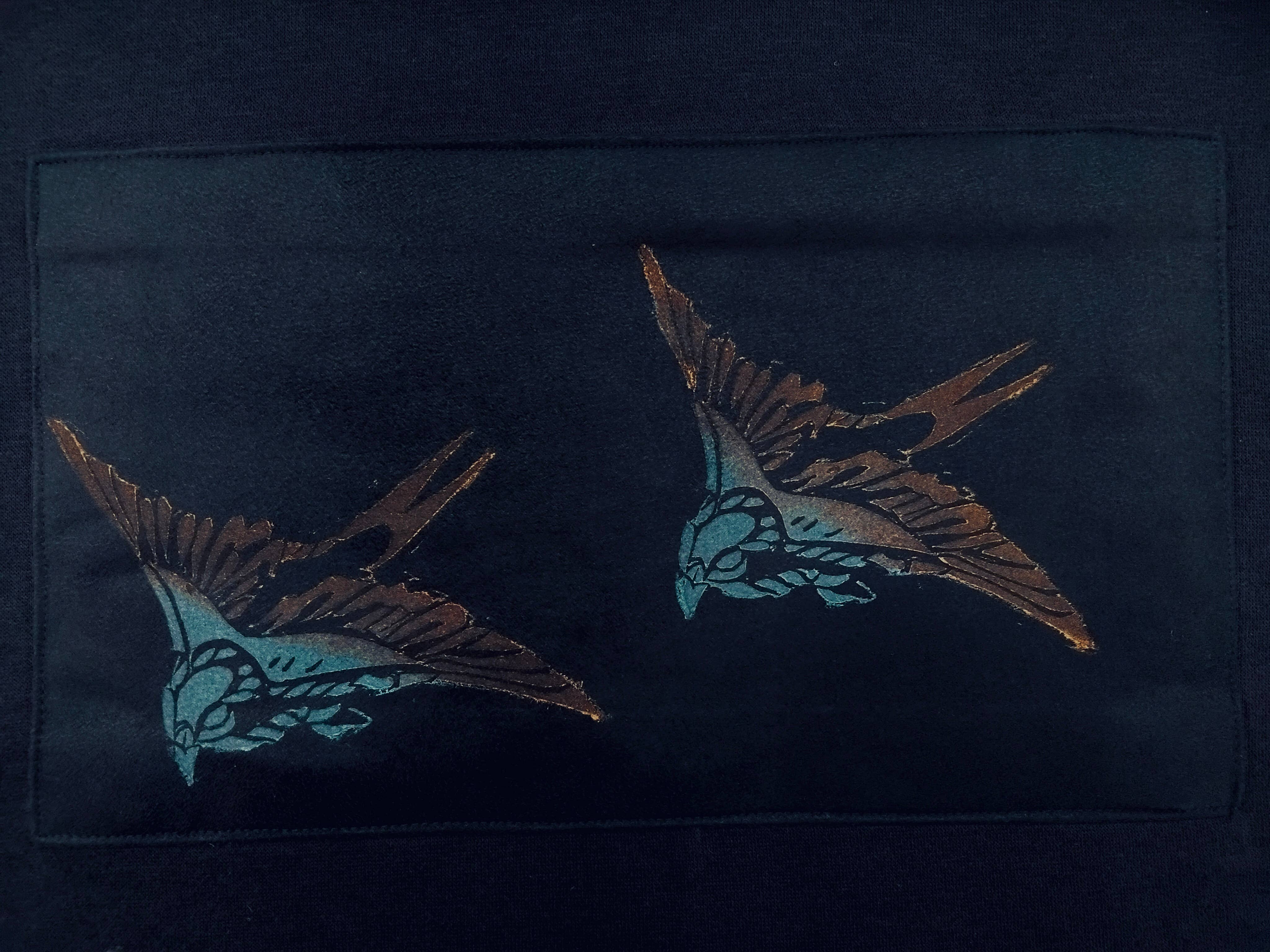 Impromptu Musé - Wholesale Hoodie - Unisex - Navy Swallows Handprinted Graphic Art Hoodie4