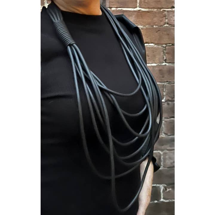 Alter Ego Designs - Wholesale Bib Necklace - WAVE: Edgy Industrial Multi Strand Black Rubber Necklace