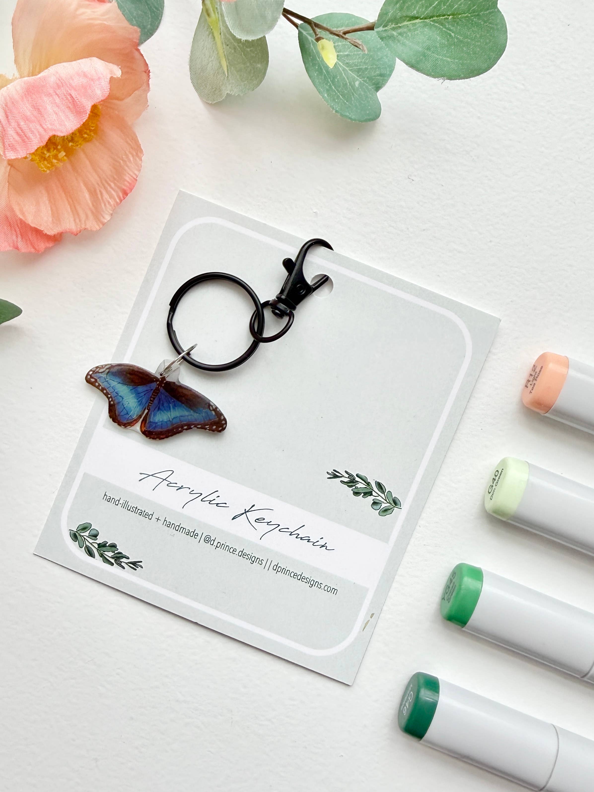 D. Prince Designs - Wholesale Keychain - Women's - Hand-Illustrated Blue Morpho Butterfly | Handmade Acrylic + Resin Keychain3