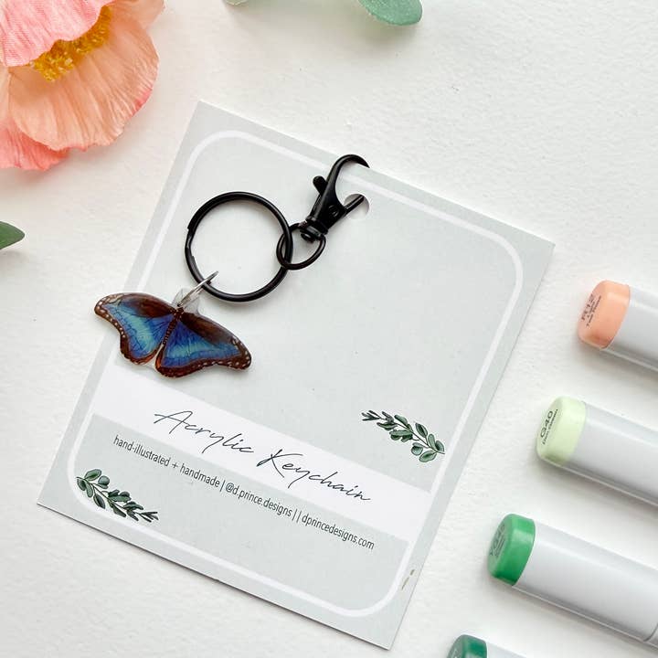 D. Prince Designs - Wholesale Keychain - Women's - Hand-Illustrated Blue Morpho Butterfly | Handmade Acrylic + Resin Keychain3