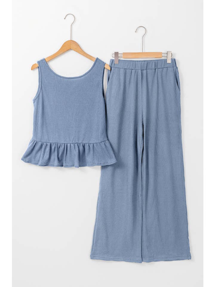 Beau Blue Solid Color Ribbed Ruffle Tank Top and Pants Set for wholesale on Faire