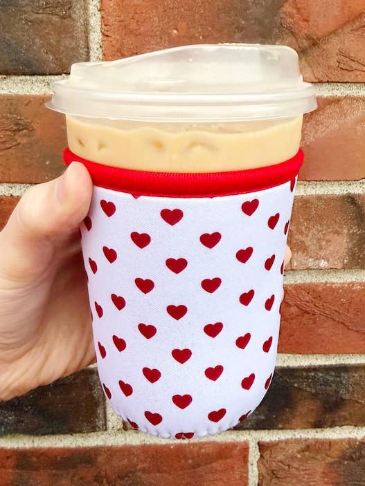 Heart Iced Coffee Sleeve | Valentine Coffee Coozy | Neoprene Cup Cozy | Cute Pink Heart Drink Sleeve | Reusable Cold Cup Sleeve for wholesale by Florocity