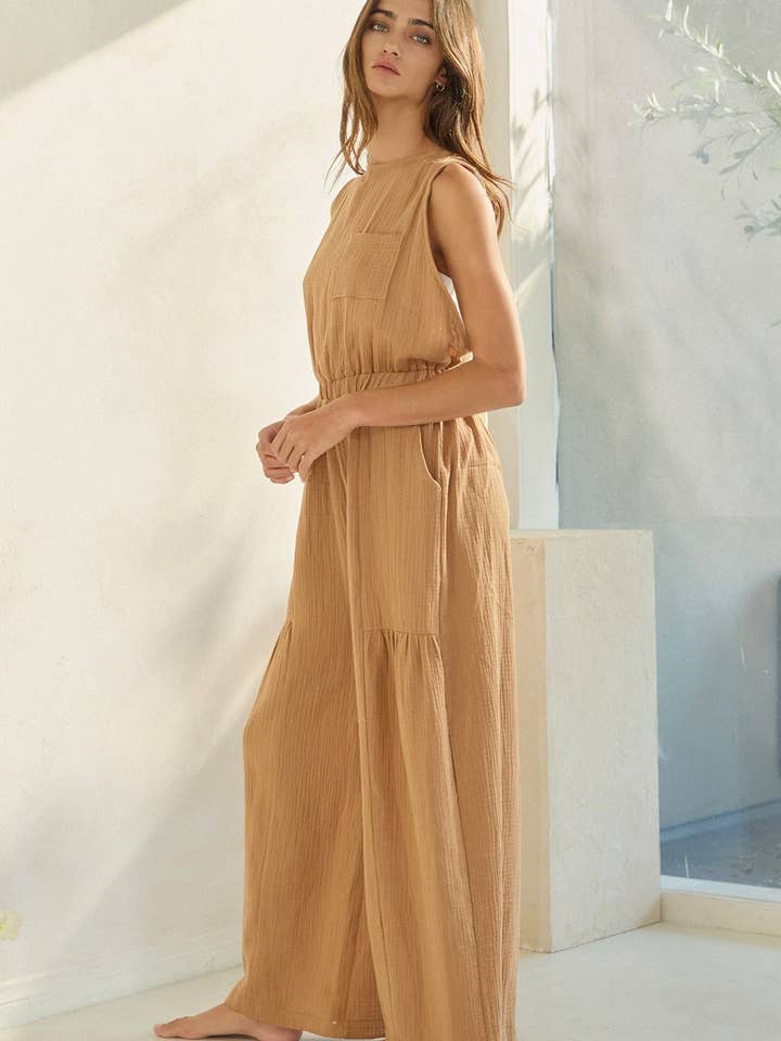 Camel R5569 Contrast Adjustable Bow Back Cotton Gauze Jumpsuit for wholesale on Faire4