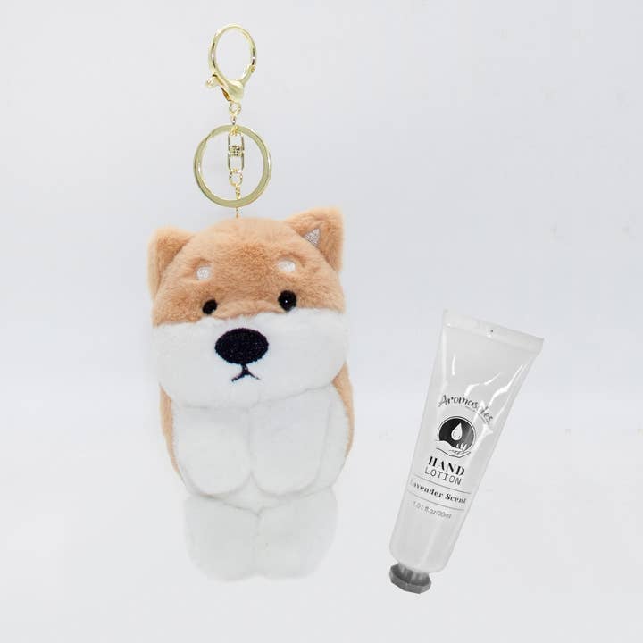 Lavender scented plush tan puppy keychain with hand lotion for wholesale by MinxNY