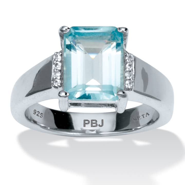 3.4 TCW Emerald Cut Genuine Blue Topaz Sterling Silver Ring for wholesale by PalmBeach Jewelry