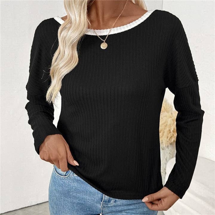 Color Block Back Bow Long Sleeve Tee for wholesale by Sheer Trend