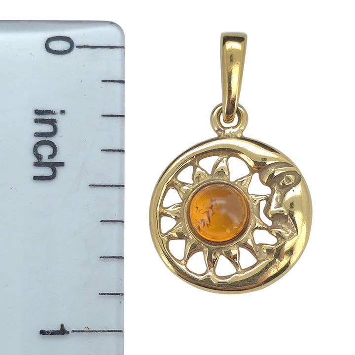 Amberman - Wholesale Individual Charm/Pendant - Cognac Amber Gold Plated Silver Sun/Moon Pendant1