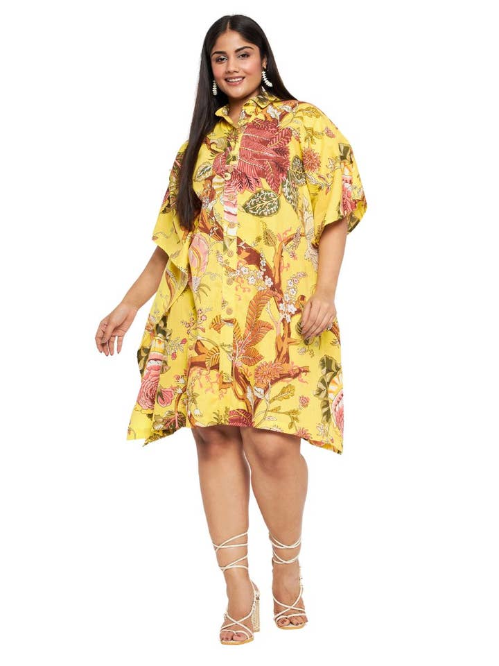 Haut tunique en coton jaune à imprimé floral et boutons ouverts sur le devant pour la vente par GYPSIE BLU