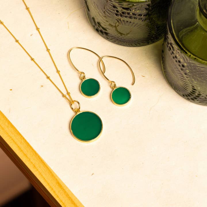 Grön Onyx Mynt Guldhalsband och Örhängeset för wholesale av Soul & Little Rose