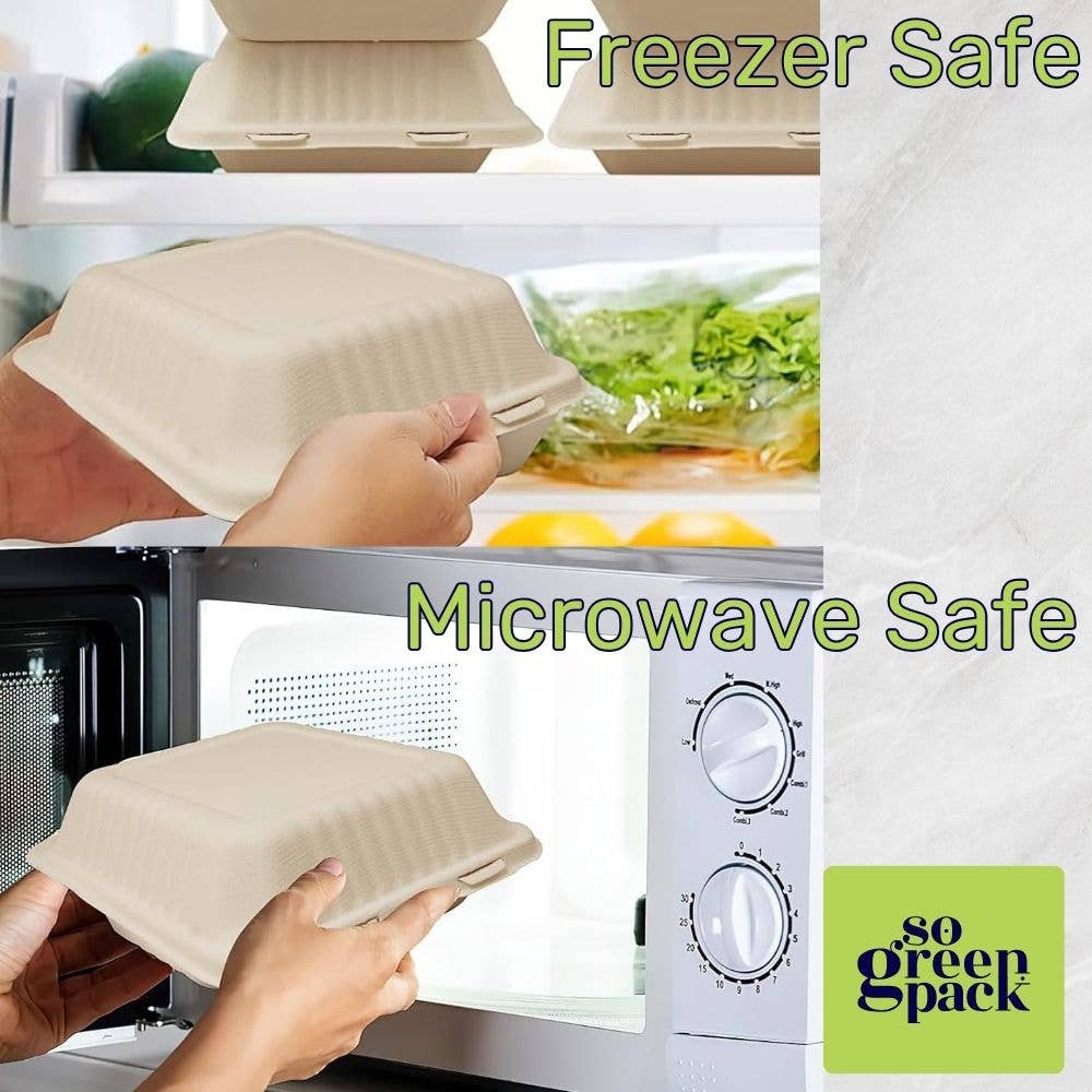 Sogreenpack – wholesale Engångsplatta – 8 ”X 8" komposterbar Bagasse Clamshell Miljövänlig 50-förpackningar6