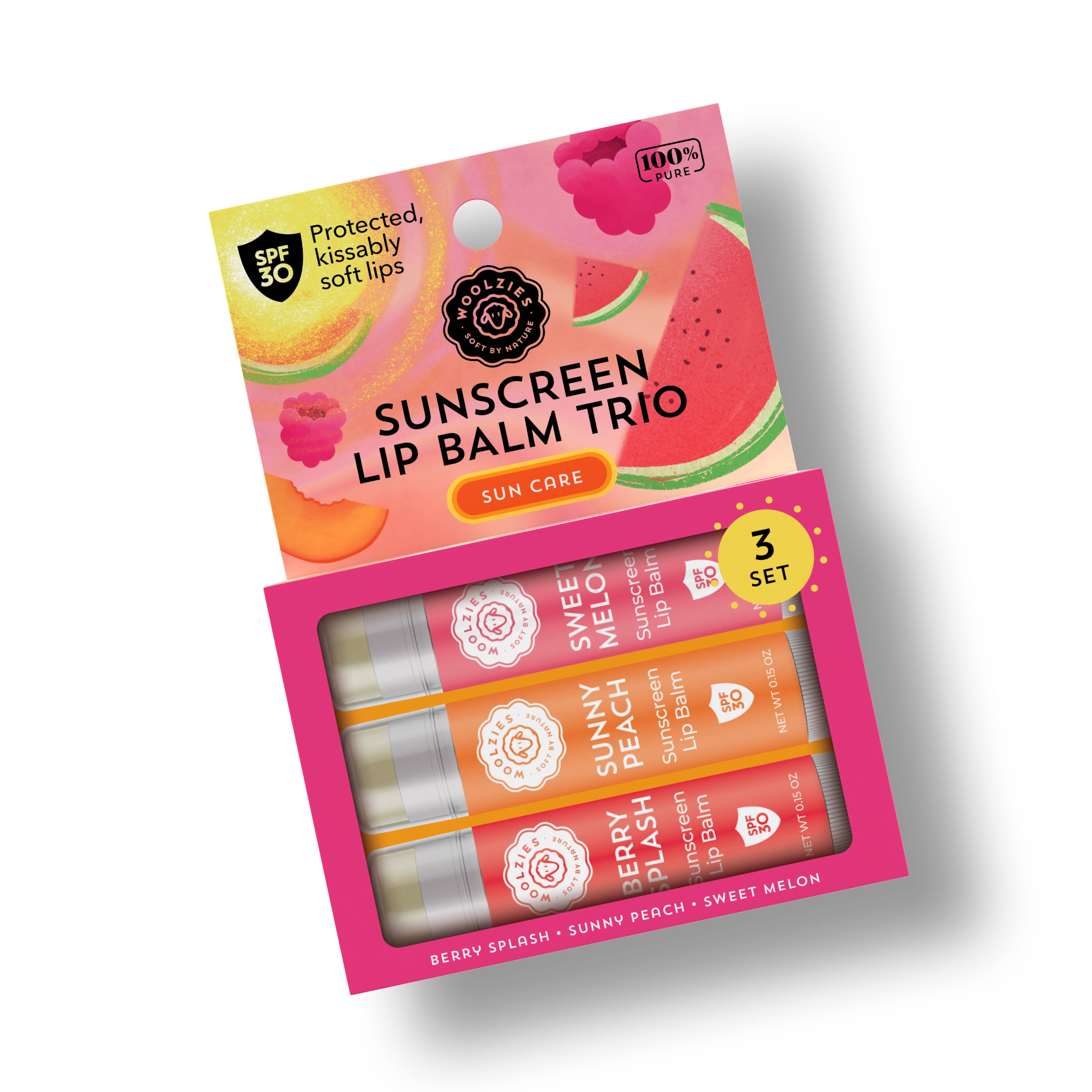 Woolzies - Wholesale Lip Balm Set - SPF Sunscreen Lip Balm Trio Sweet Melon, Sunny Peach, Berry 3
