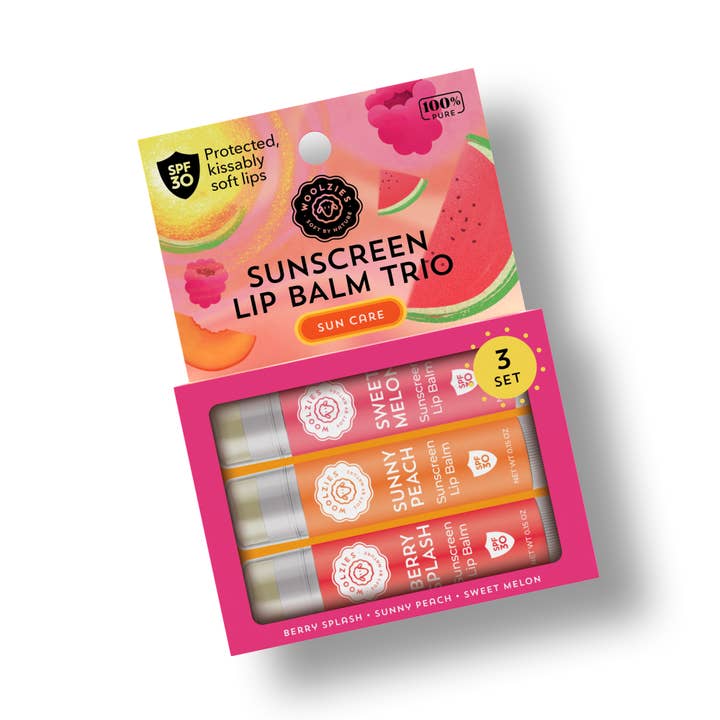 Woolzies - Wholesale Lip Balm Set - SPF Sunscreen Lip Balm Trio Sweet Melon, Sunny Peach, Berry 3