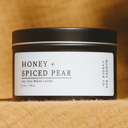 Soy Candle - Honey + Spiced Pear - 6 oz. Matte Black Tin for wholesale by Memory Box Candle Co.