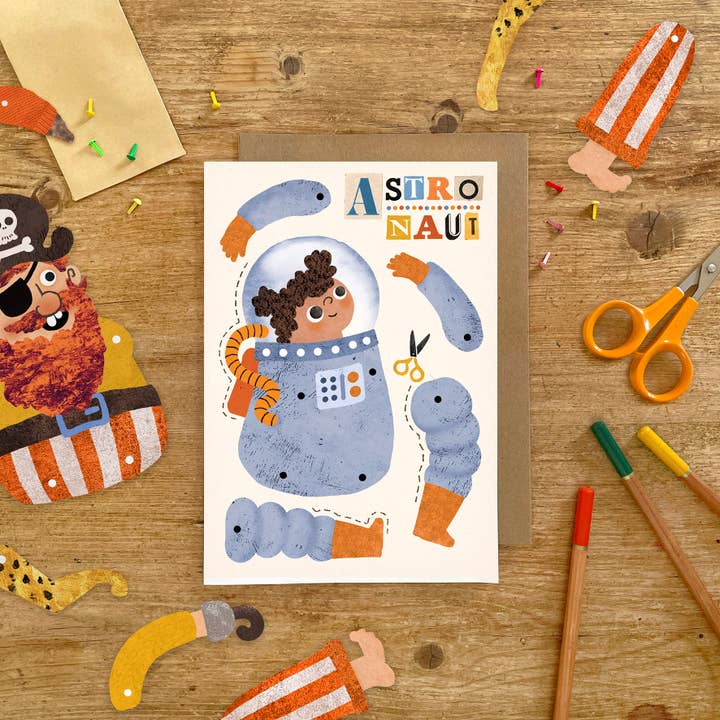 Astronaut Split Pin Puppet A5 Birthday Greeting Card for wholesale by Emily Nash Illustration Greeting Cards