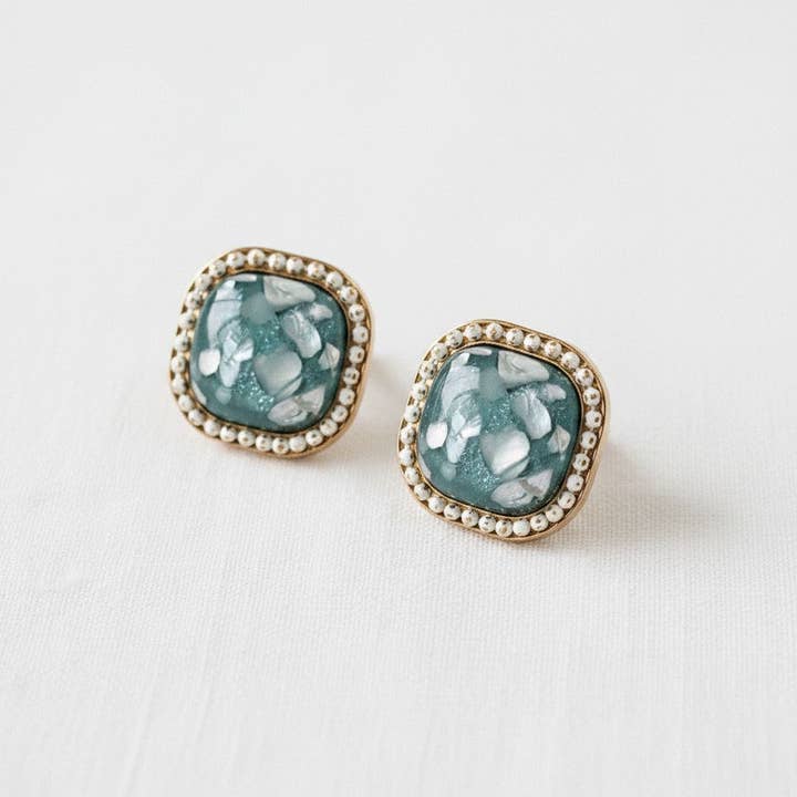 Ellemadera - Wholesale Stud/Post Earrings - Blue Square Crushed Shell Stud Earrings1
