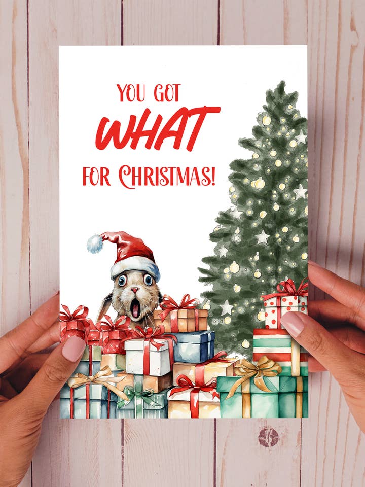 Tu as reçu quoi pour Noël ? - Carte de Noël en forme de lapin surpris pour la vente par Homemade Hollydays Wholesale