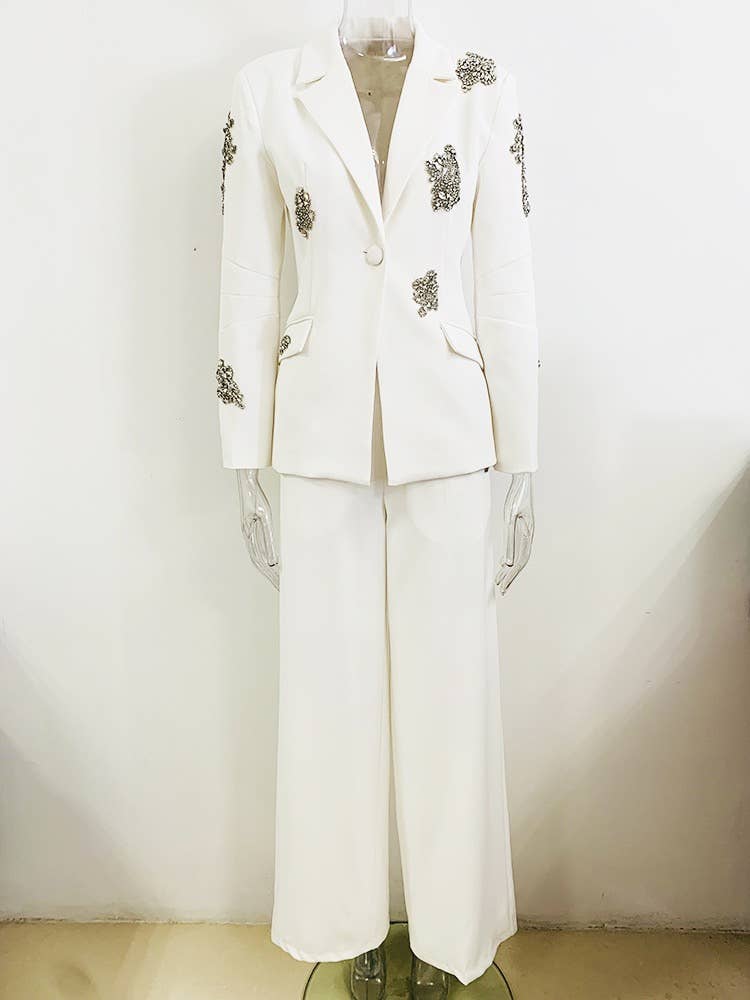 White SET149 Luxe Beaded Jacket & Wide-Leg Pants Ensemble for wholesale on Faire1