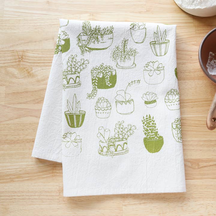 Torchon de cuisine pour plantes succulentes, torchon imprimé à la main, imprimé végétal pour la vente par The High Fiber