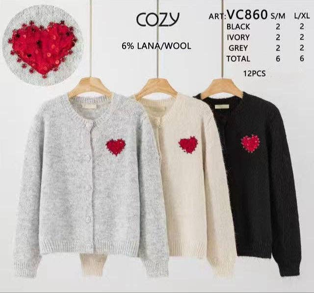Love Sunshine Wholesale - Wholesale Cardigan – Women’s - Sequin Heart Wool Blend Cardigan