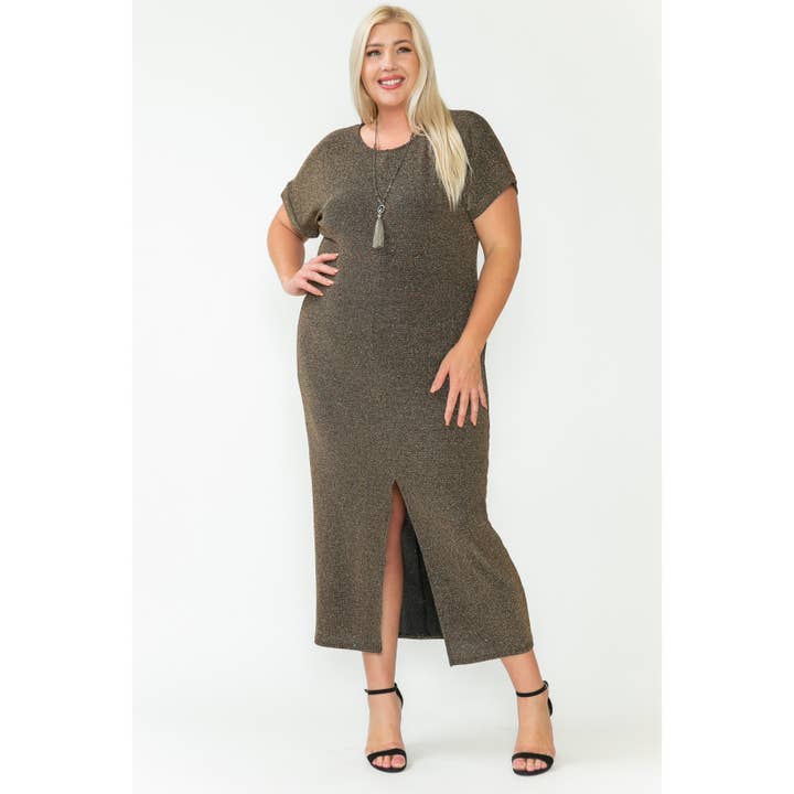 Story Teller - Wholesale Dress - Women's - Plus Size Elegant Lurex Knit Front Slit Holiday Maxi Dress