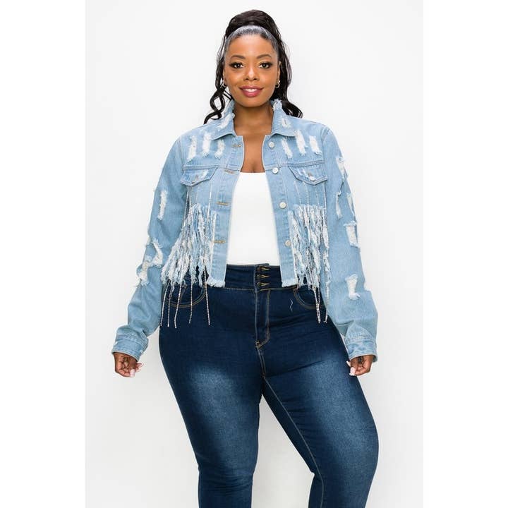 GIACCA IN DENIM PLUS SIZE CON STRASS per la vendita all'ingrosso da parte di Black Pearl Clothing