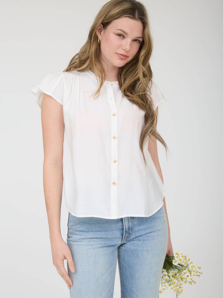 PLUS RUCHED SHOULDER RUFFLE SLEEVE BUTTON DOWN TOP for wholesale by Blu Pepper