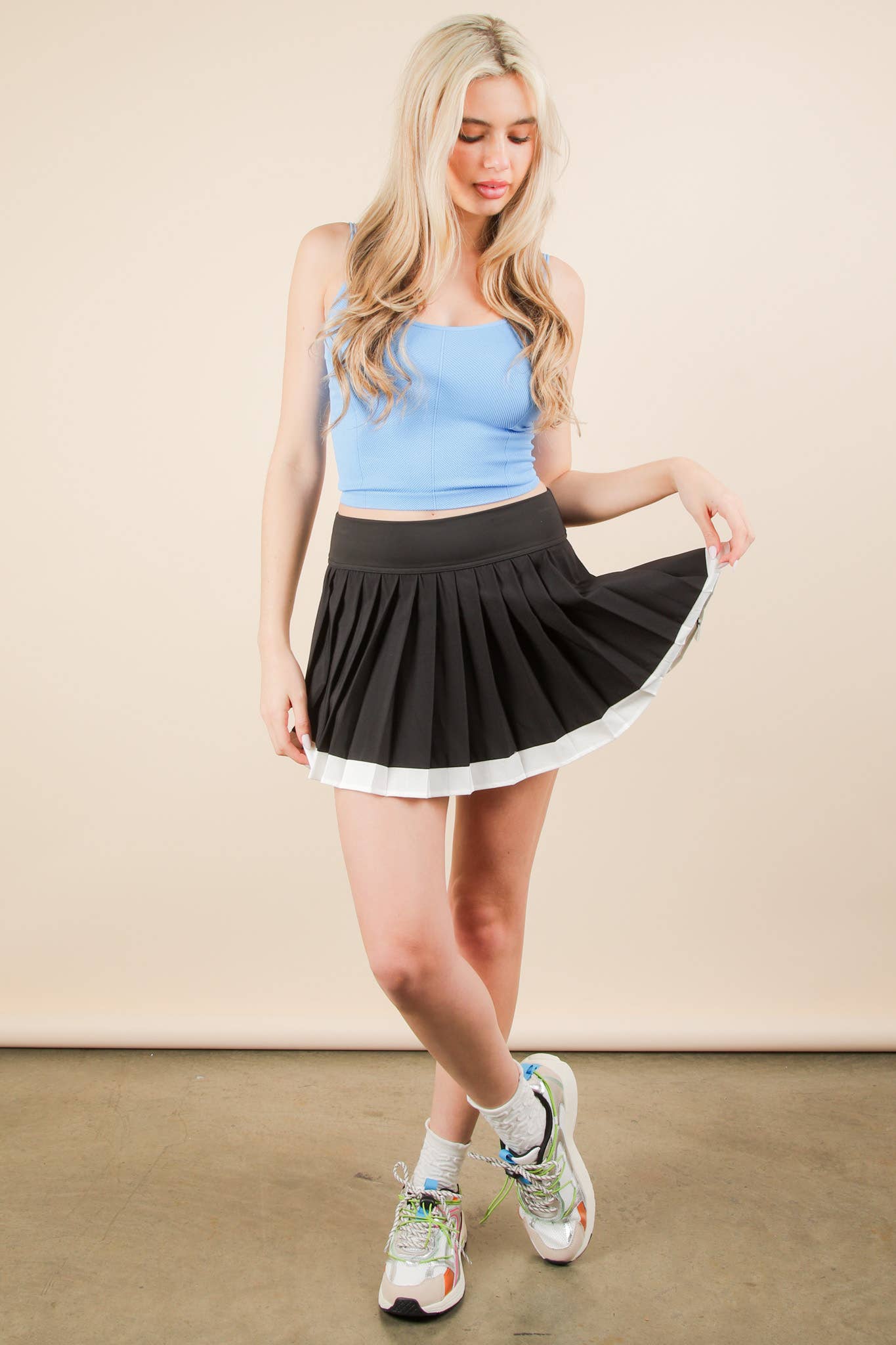 VERY J - Wholesale Athletic Skirt - Women's - NS50132-Two Tone Pleated Activewear Mini Skirt with Shorts17