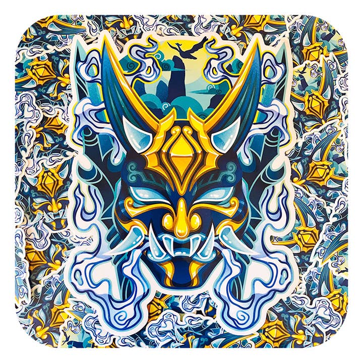 Autocollant en vinyle brillant surdimensionné Genshin Impact Xiao Mask pour la vente par Gilles Bone Illustrations