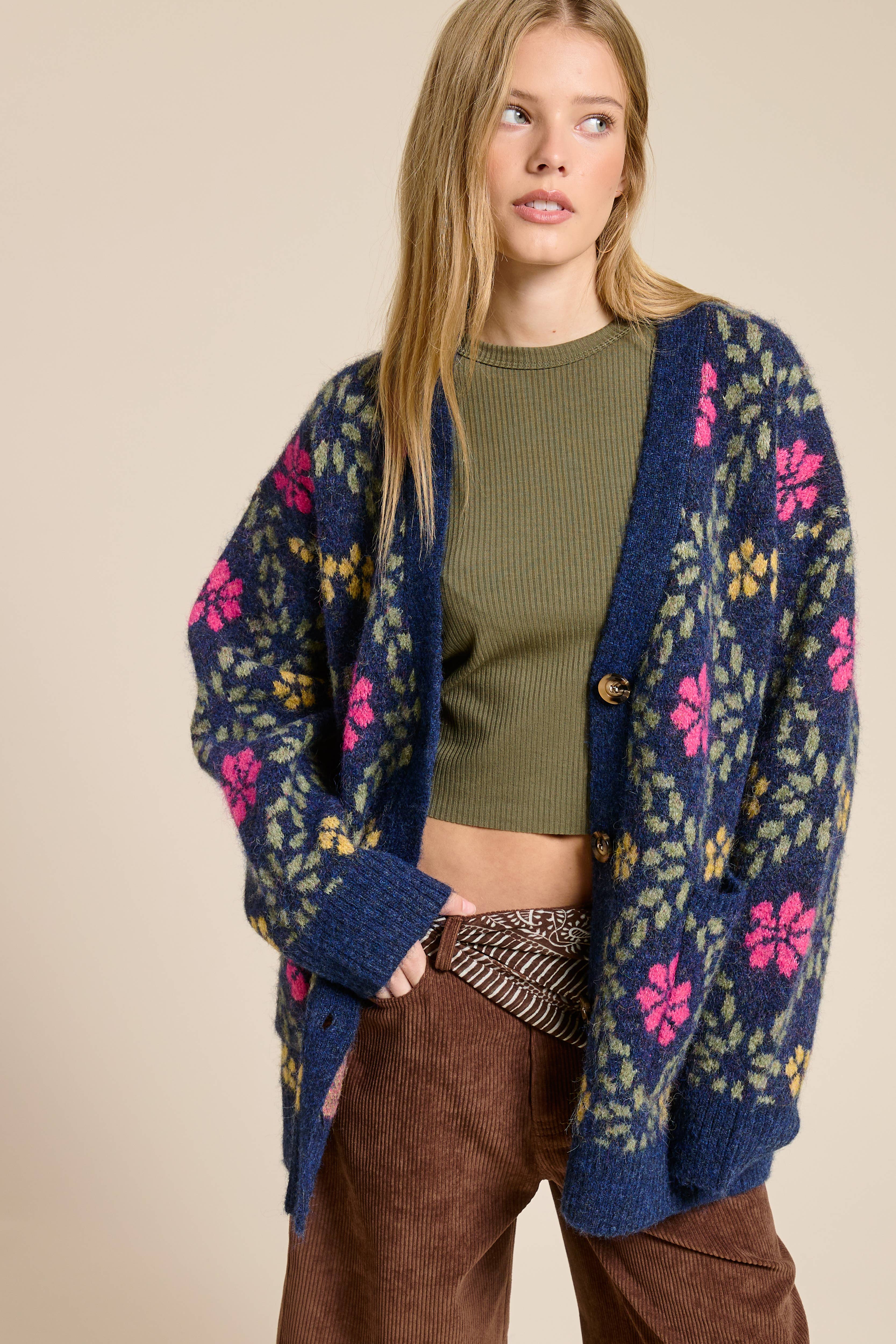 Mimosa - Wholesale Cardigan - Women's - Retro Floral Print Fuzzy Knit Cardigan6