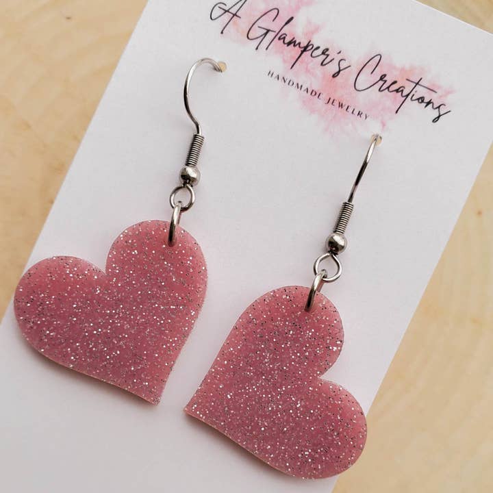 Blush Pink Glitter Heart Valentine's Day Acrylic Earrings for wholesale by A Glamper's Creations LLC
